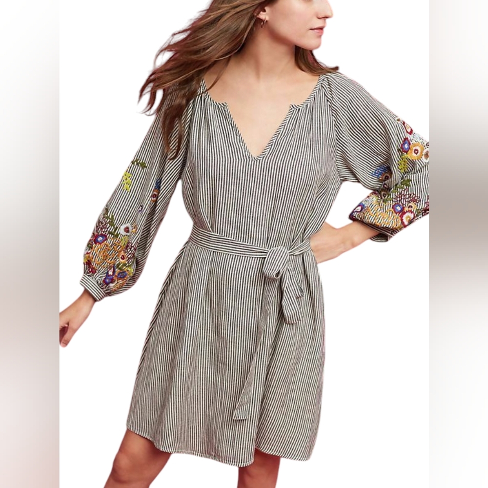 Feather bone linen / cotton blend BoHo embroidered dress